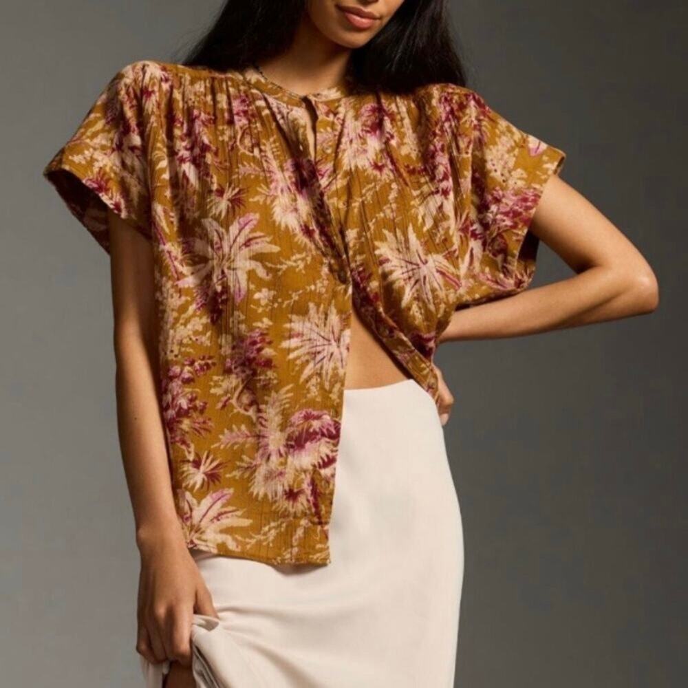 Anthropologie Pilcro Tropical Floral Button Front Boxy Top Size LP XLP